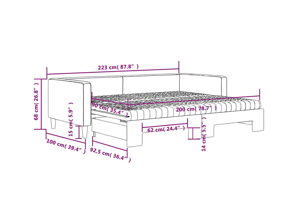 Lit de jour avec gigogne et matelas crème 90x200 cm tissu