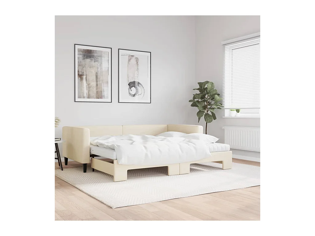 Slaapbank met onderschuifbed en matrassen 90x200 cm stof crème