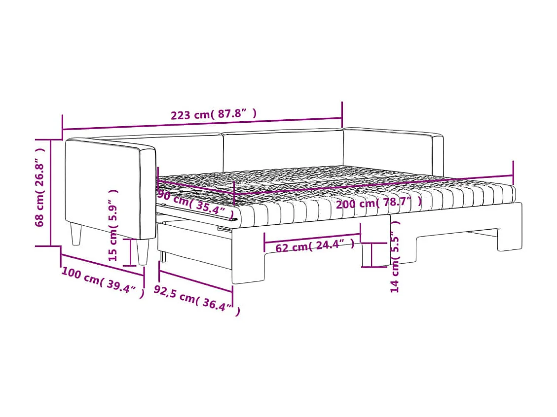 Lit de jour avec gigogne et matelas crème 90x200 cm tissu