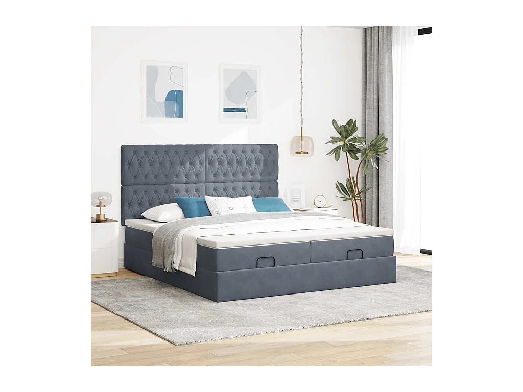 Cadre de lit ottoman avec matelas gris foncé 160x200cm velours