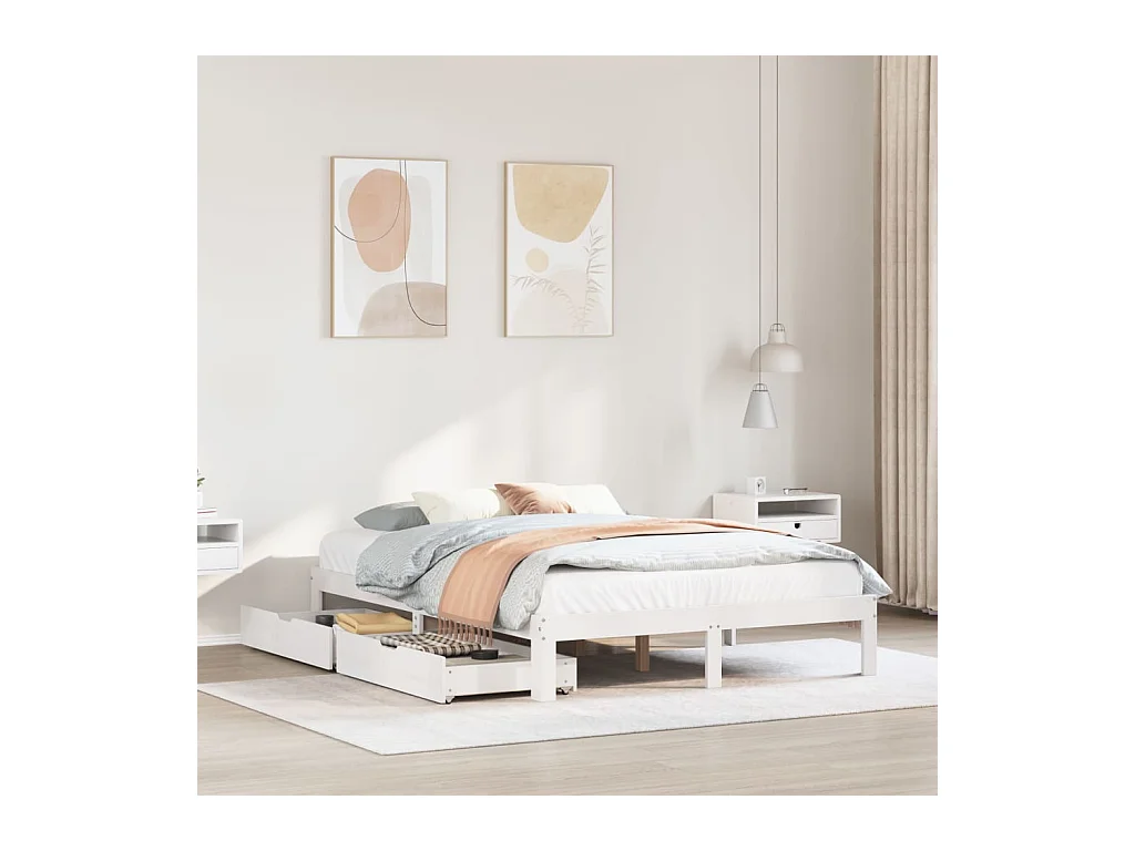 Giroletto con Cassetti Bianco 140x200 cm Legno Massello di Pino