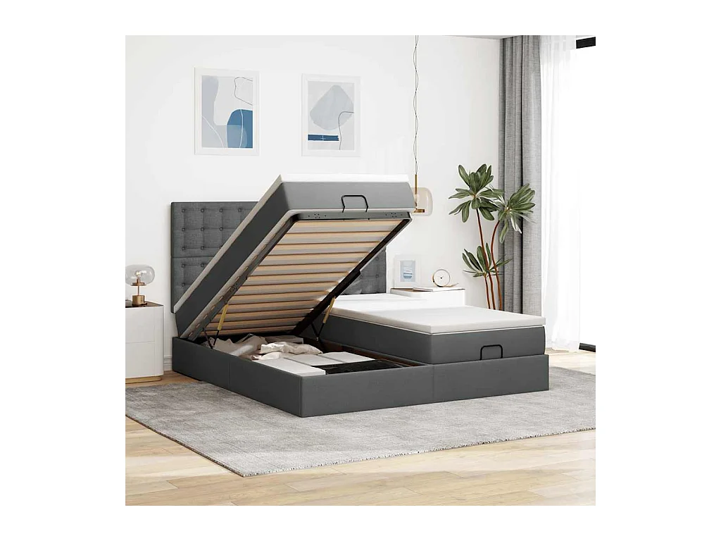 Ottoman-Bett mit Matratzen & LEDs Dunkelgrau 160x200 cm Stoff