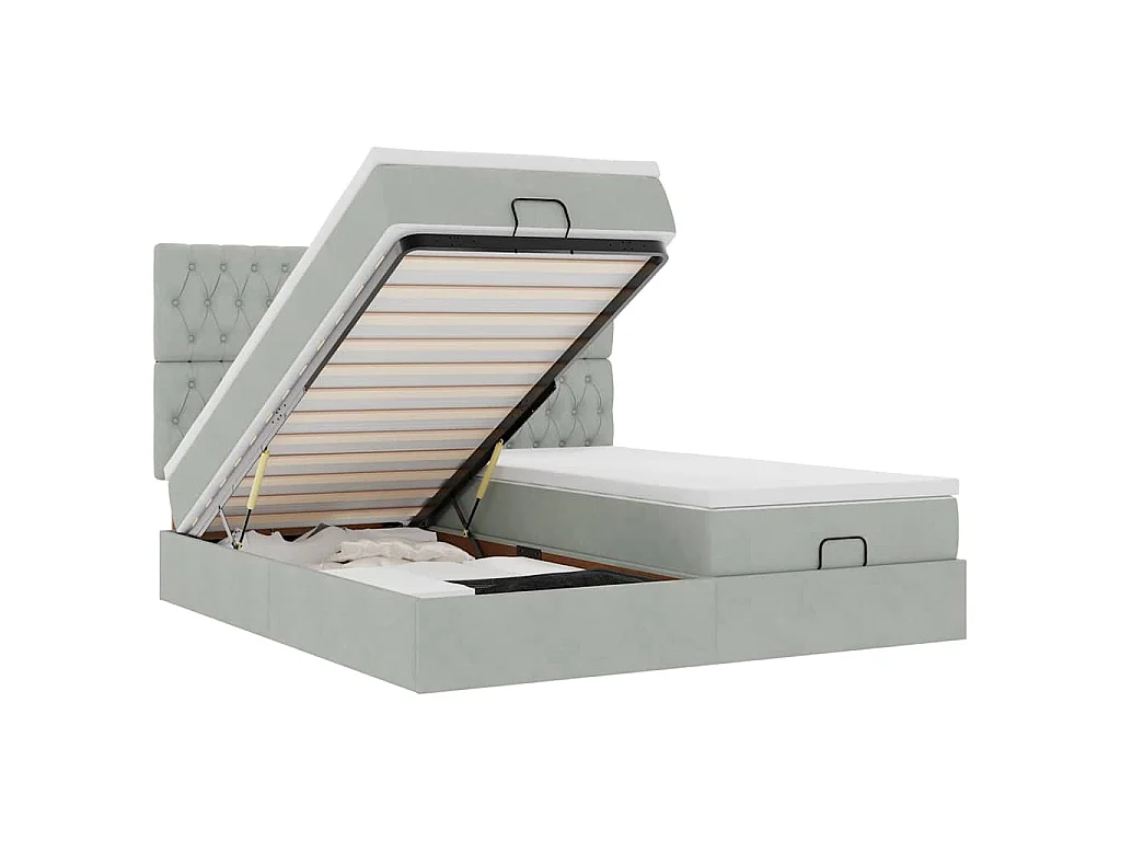 Estructura de cama otomana colchones terciopelo gris claro