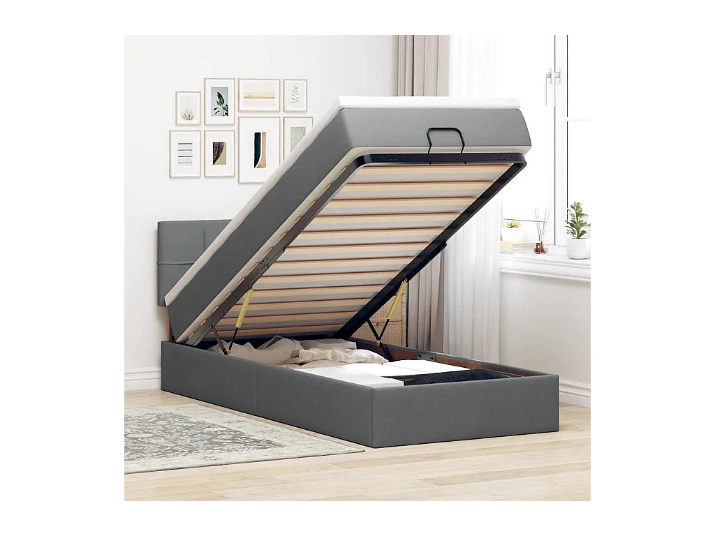 Lit ottoman avec matelas gris foncé 90x200 cm tissu