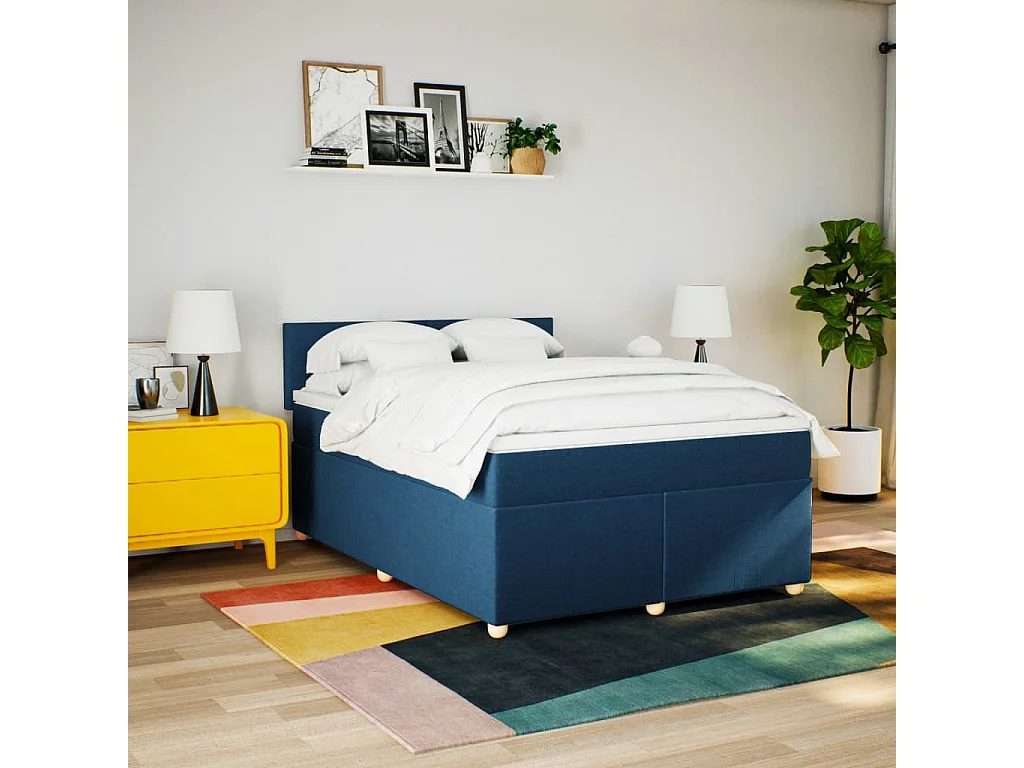 Cama box spring con colchón tela azul 160x200 cm