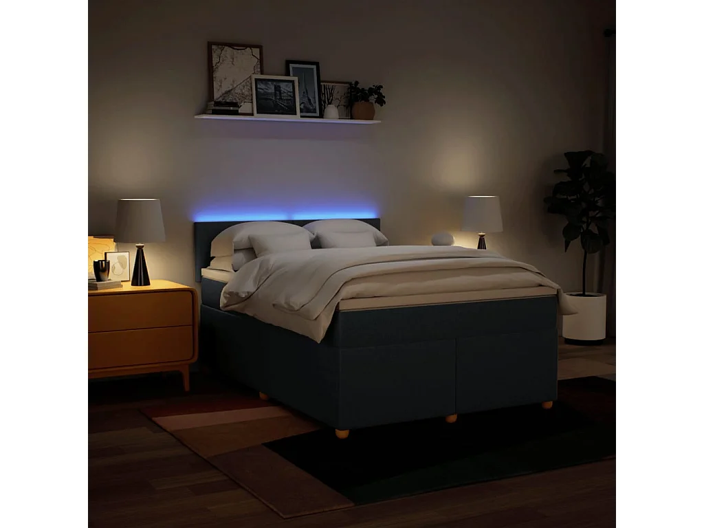 Cama box spring con colchón tela azul 160x200 cm