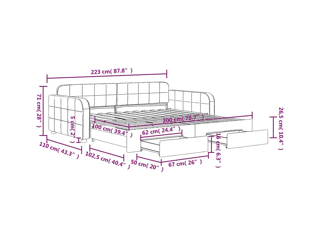 Slaapbank onderschuifbed lades 100x200 cm fluweel donkergrijs