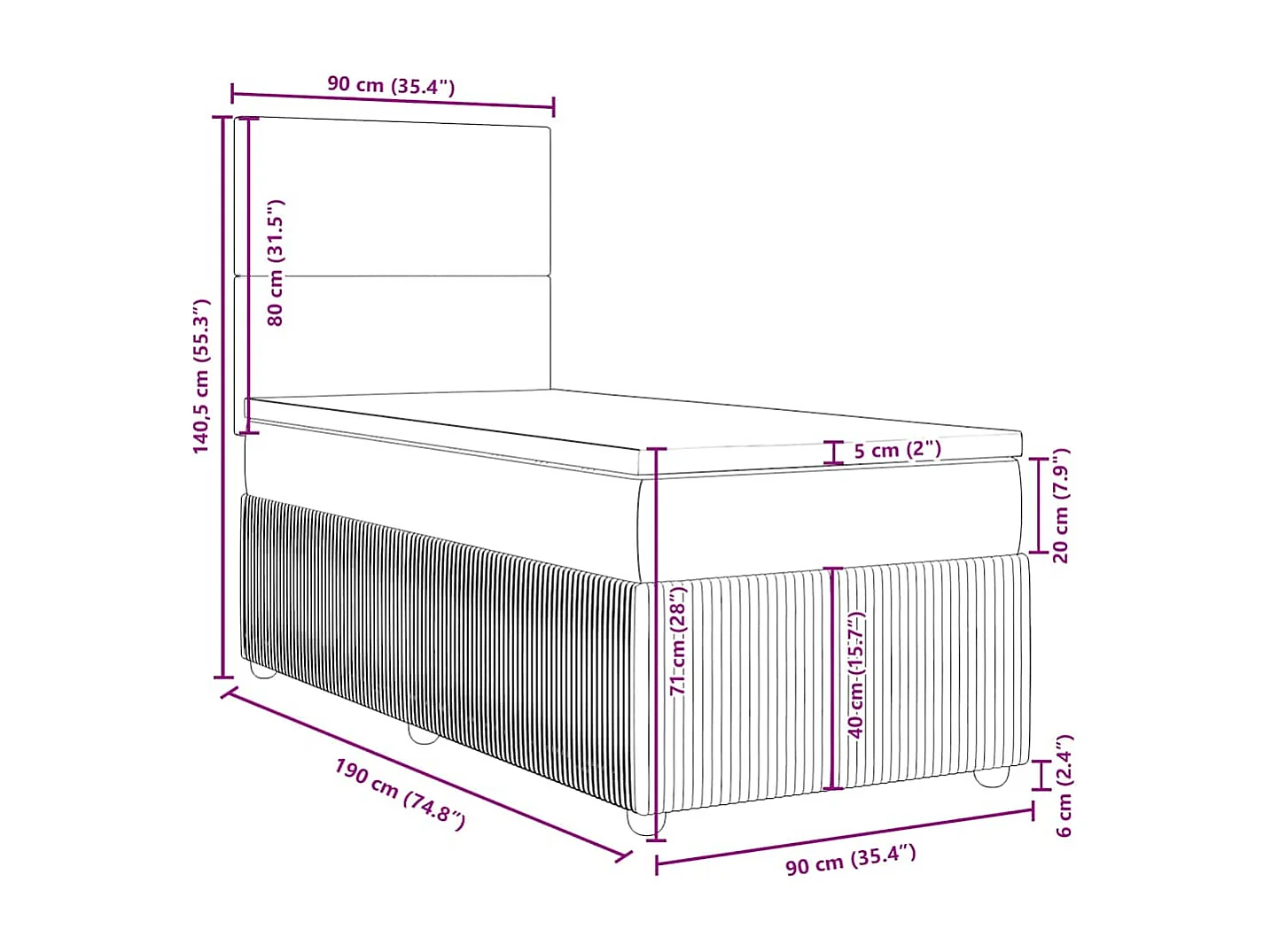 Cama box spring con colchón tela marrón oscuro 90x190 cm