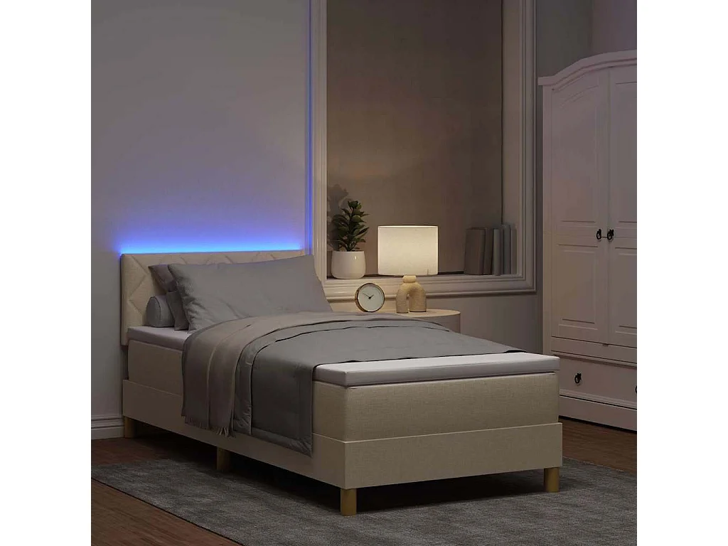 Lit à ressort LED avec matelas avec LED Crème 90 x 200 cm tissu