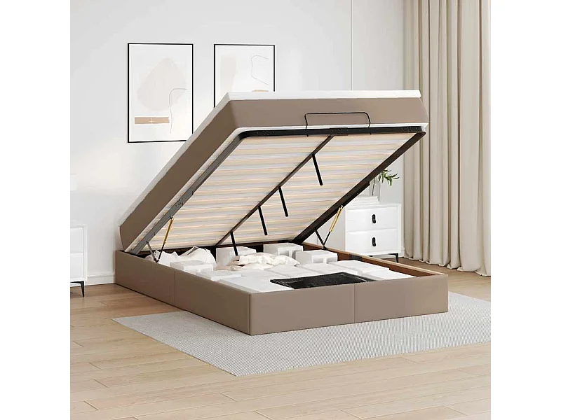 Cadre de lit ottoman et matelas cappuccino 140x190cm similicuir