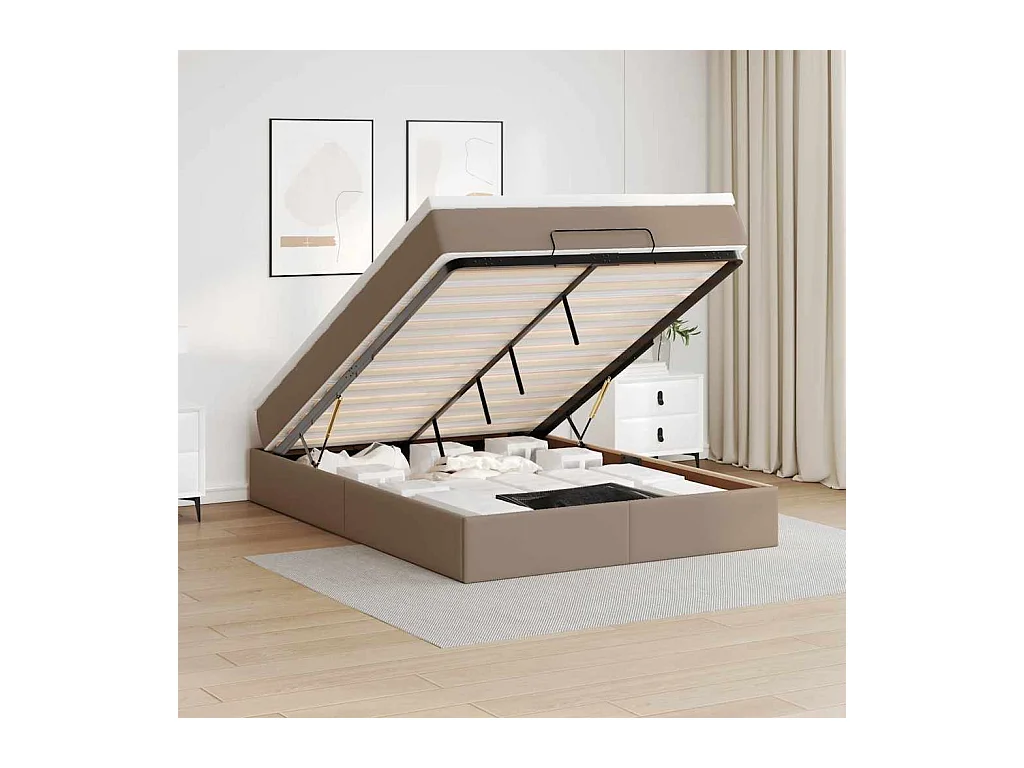 Estructura cama otomana colchón cuero sintético cappucino