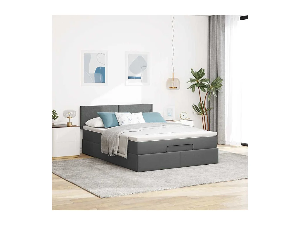 Lit ottoman avec matelas et LED gris foncé 140x190 cm tissu