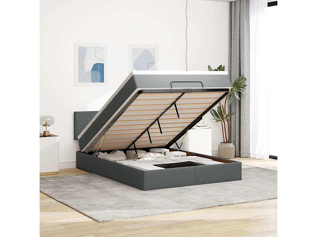 Ottomane Bett mit Matratze & LEDs Dunkelgrau 140x190 cm Stoff