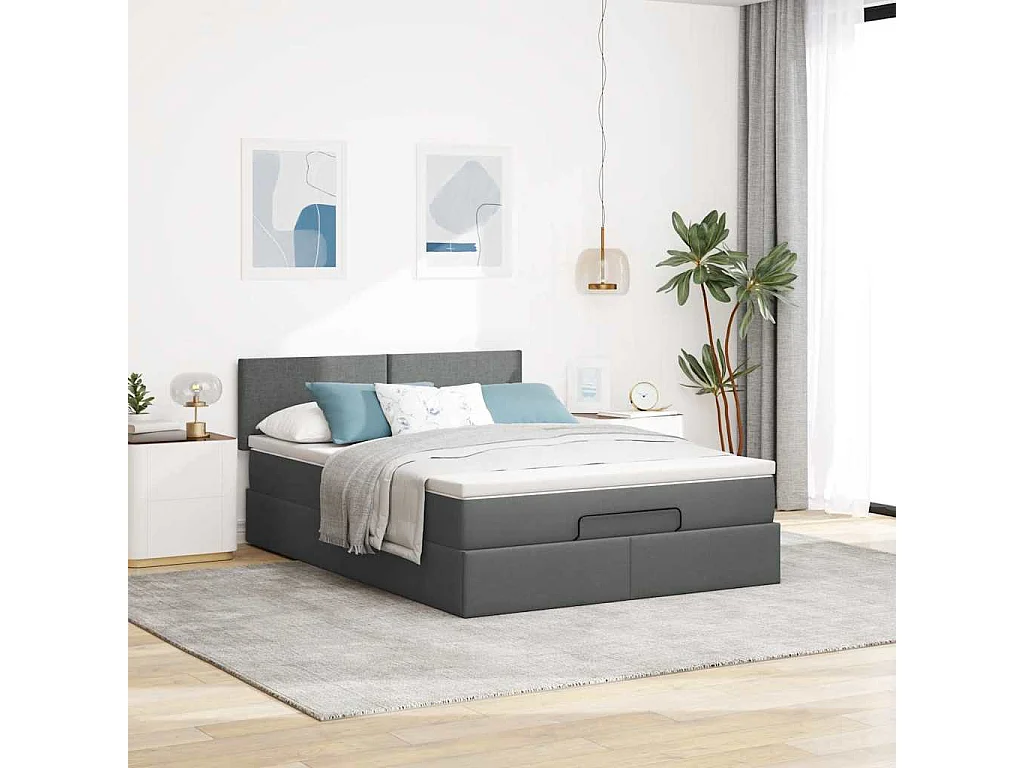 Ottomane Bett mit Matratze & LEDs Dunkelgrau 140x190 cm Stoff