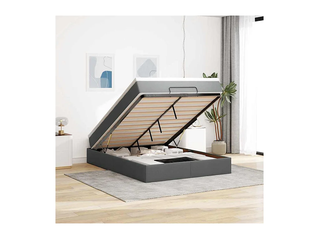 Cadre de lit ottoman avec matelas gris foncé 140x200 cm tissu