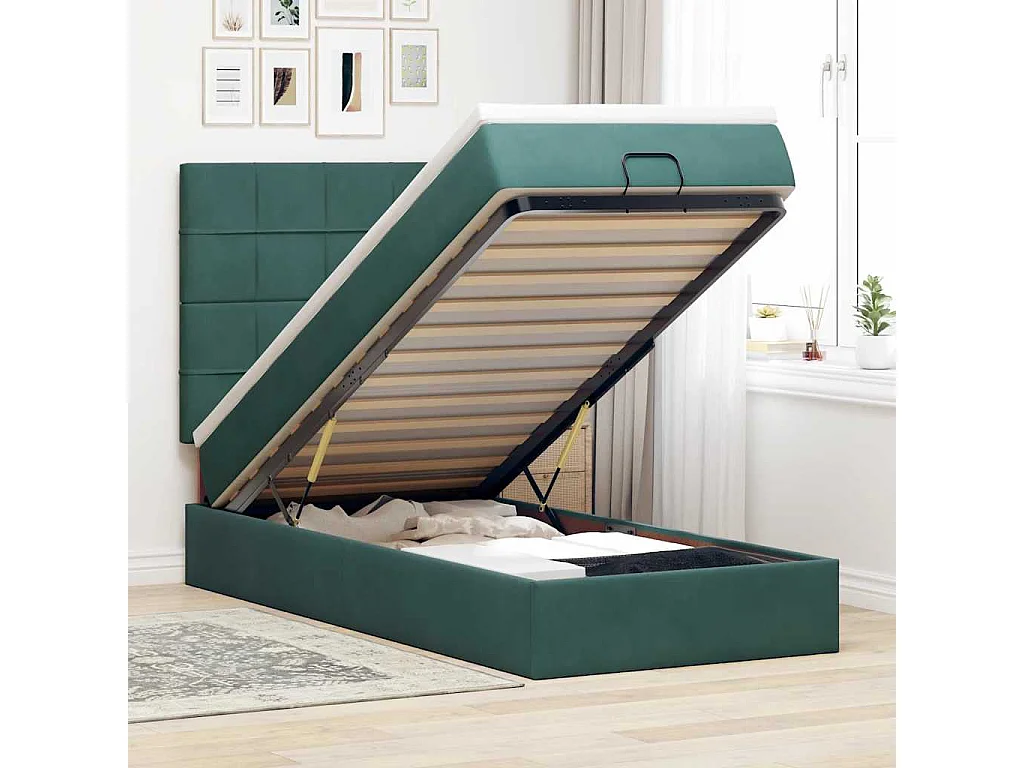 Estrutura de cama otomana colchões 90x200cm veludo verde escuro