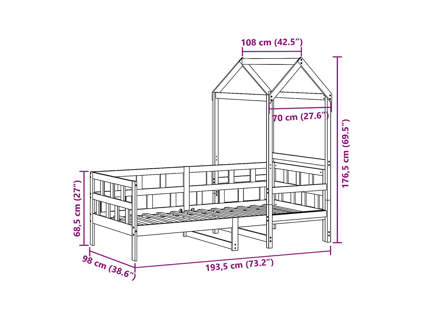 Lit de jour avec toit sans matelas 90x190 cm bois massif