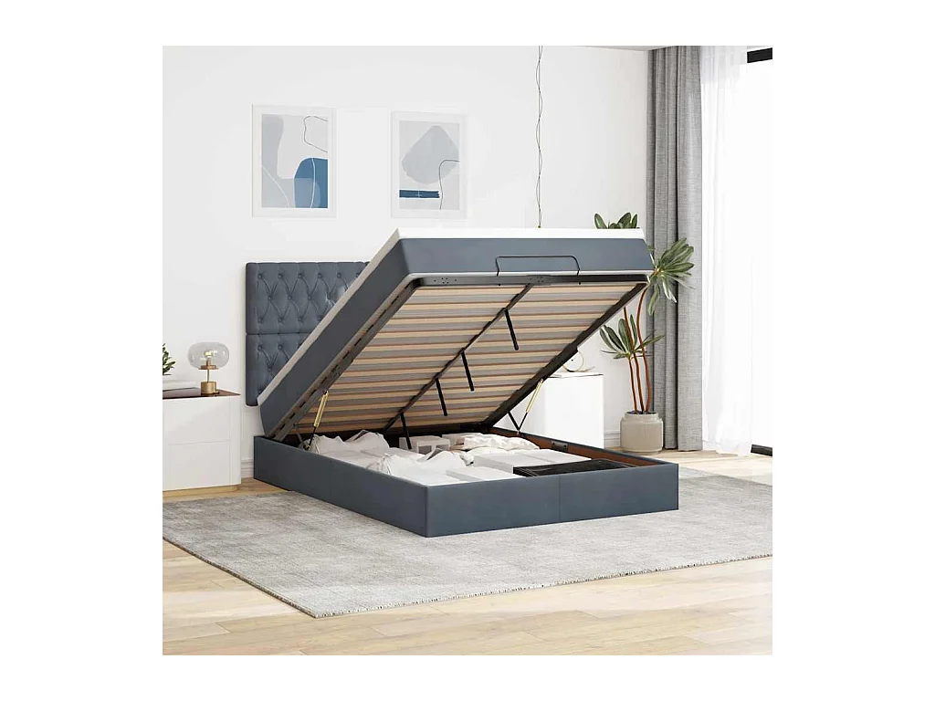 Cadre de lit ottoman avec matelas gris foncé 140x200 cm velours