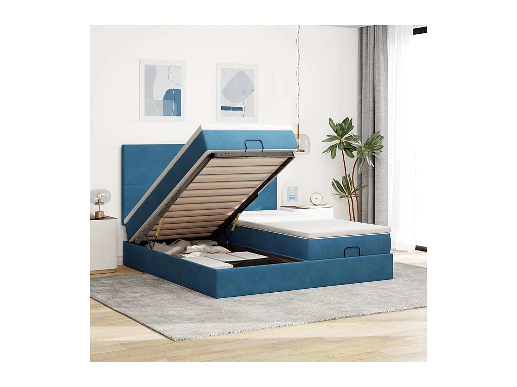 Cadre de lit ottoman avec matelas bleu foncé 160x200 cm velours