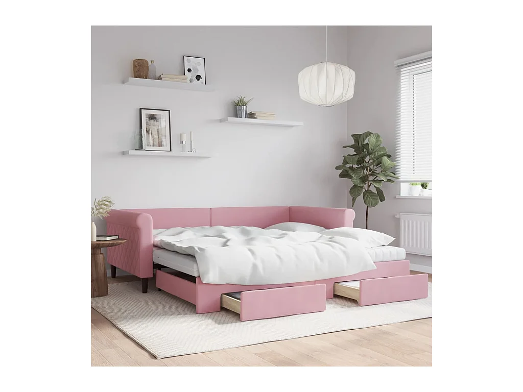 Lit de jour avec gigogne et tiroirs rose 100x200 cm velours
