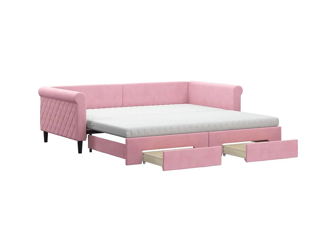 Lit de jour avec gigogne et tiroirs rose 100x200 cm velours