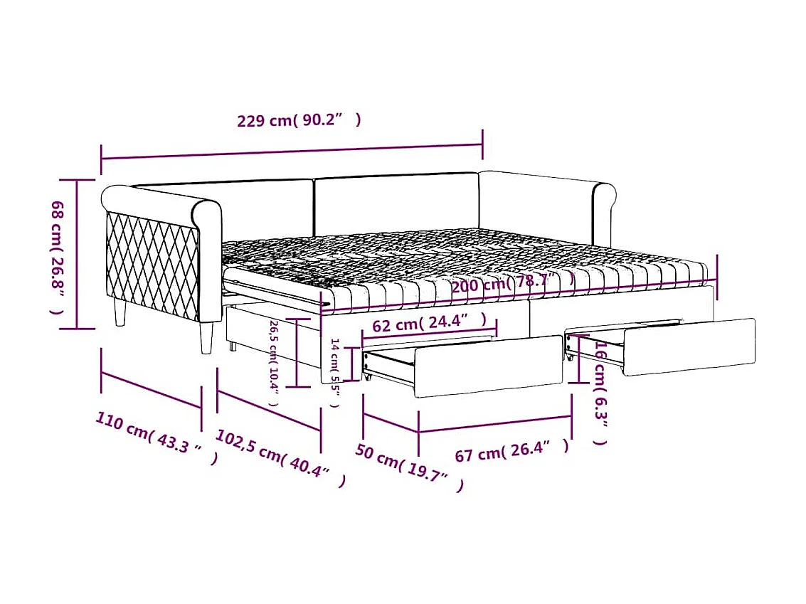 Tagesbett Ausziehbar mit Schubladen Rosa 100x200 cm Samt
