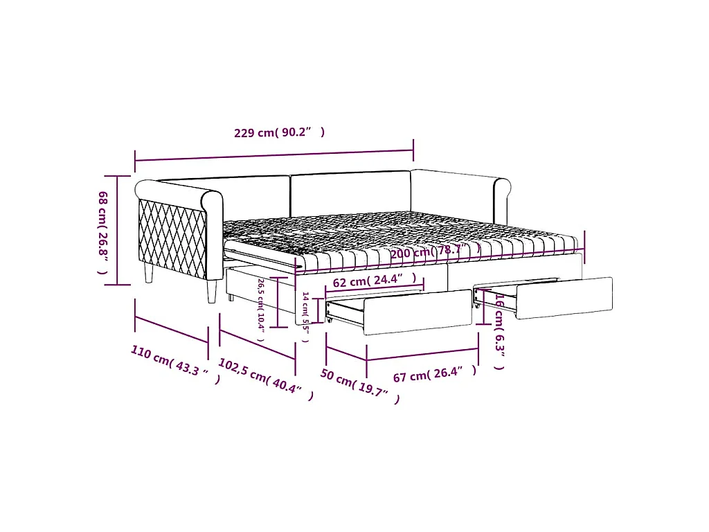 Divano Letto Estraibile con Cassetti Rosa 100x200 cm Velluto