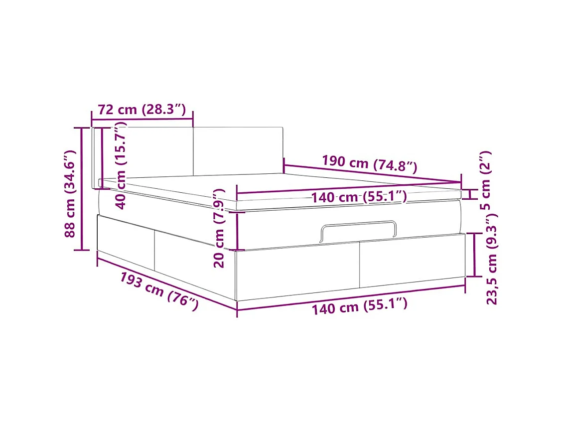 Cadre de lit ottoman avec matelas gris foncé 140x190 cm velours