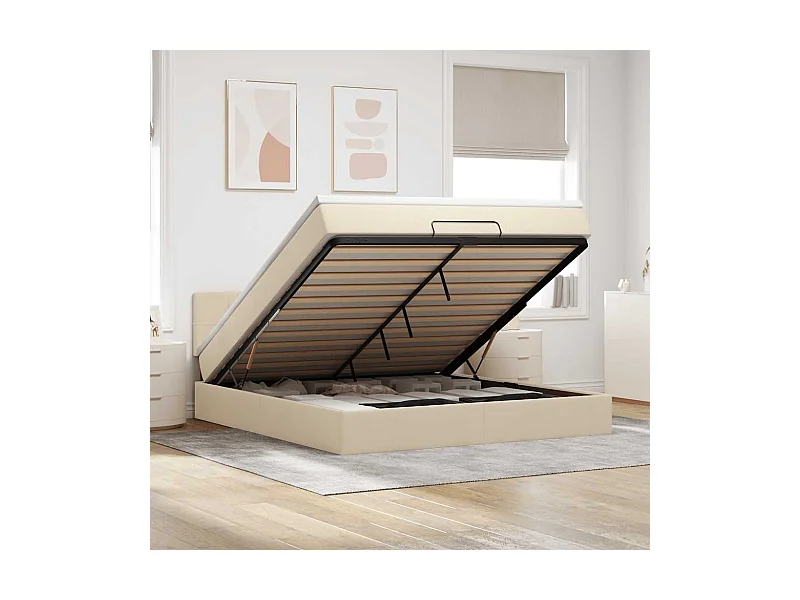 Cadre de lit ottoman avec matelas crème 160x200 cm tissu