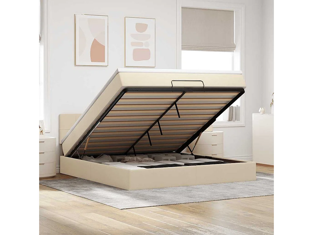Ottoman-Bett mit Matratze & LEDs Creme 160x200 cm Stoff