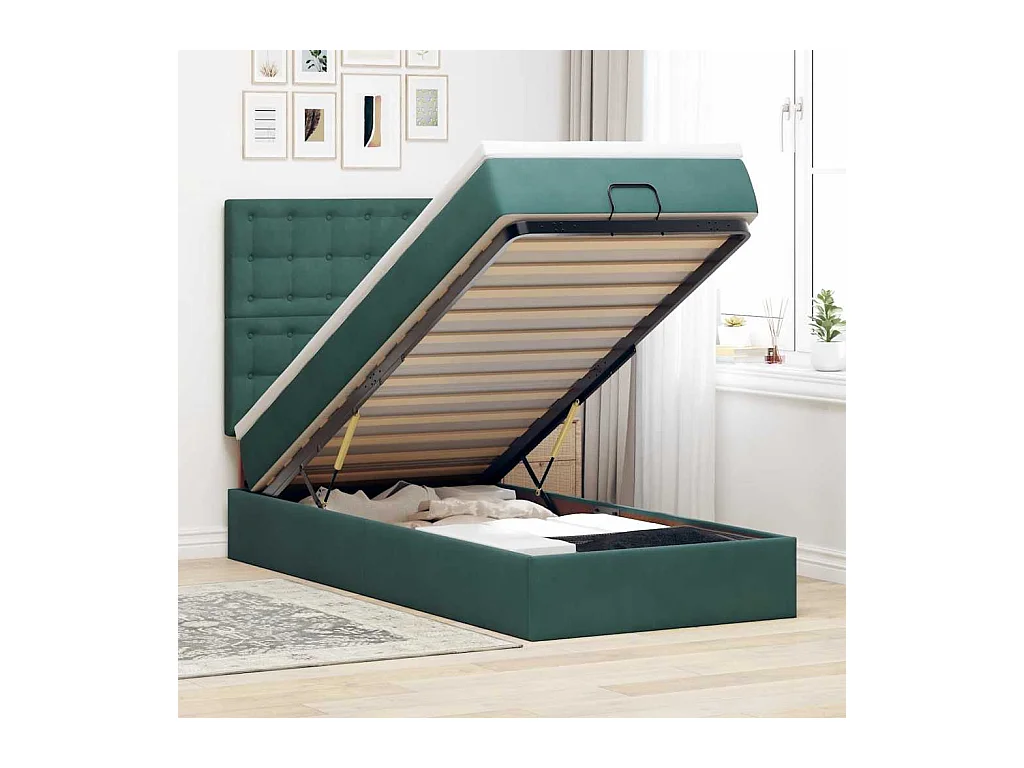 Cadre de lit ottoman avec matelas vert foncé 90x200 cm velours