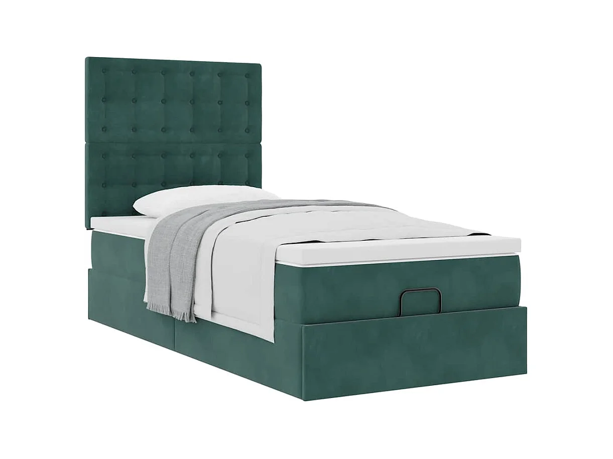 Cadre de lit ottoman avec matelas vert foncé 90x200 cm velours