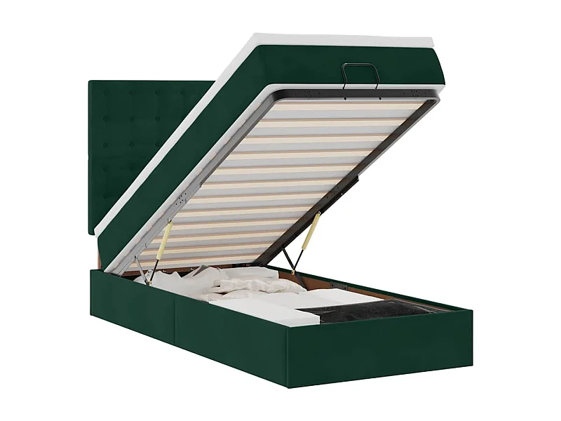 Estructura de cama otomana colchones terciopelo verde oscuro