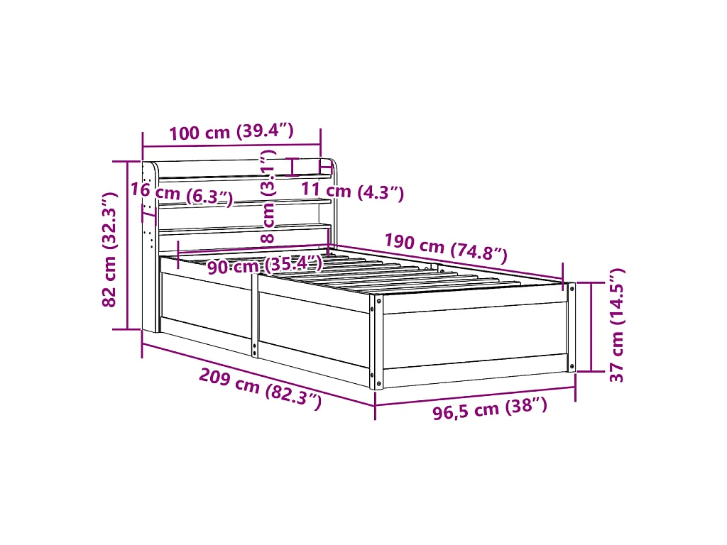 Bedframe met hoofdbord massief grenenhout 90x190 cm