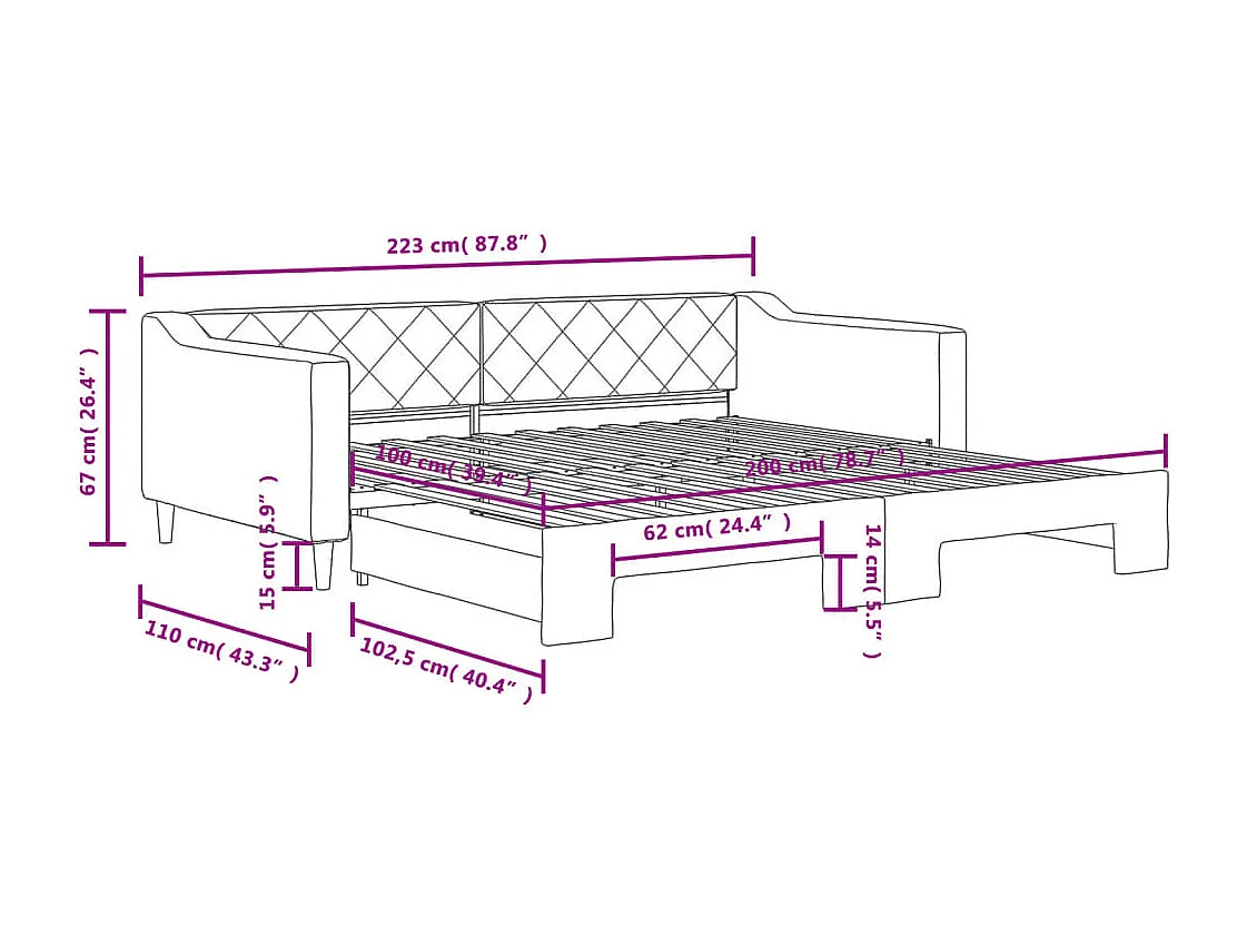 Lit de jour avec gigogne sans matelas gris foncé 100x200 cm