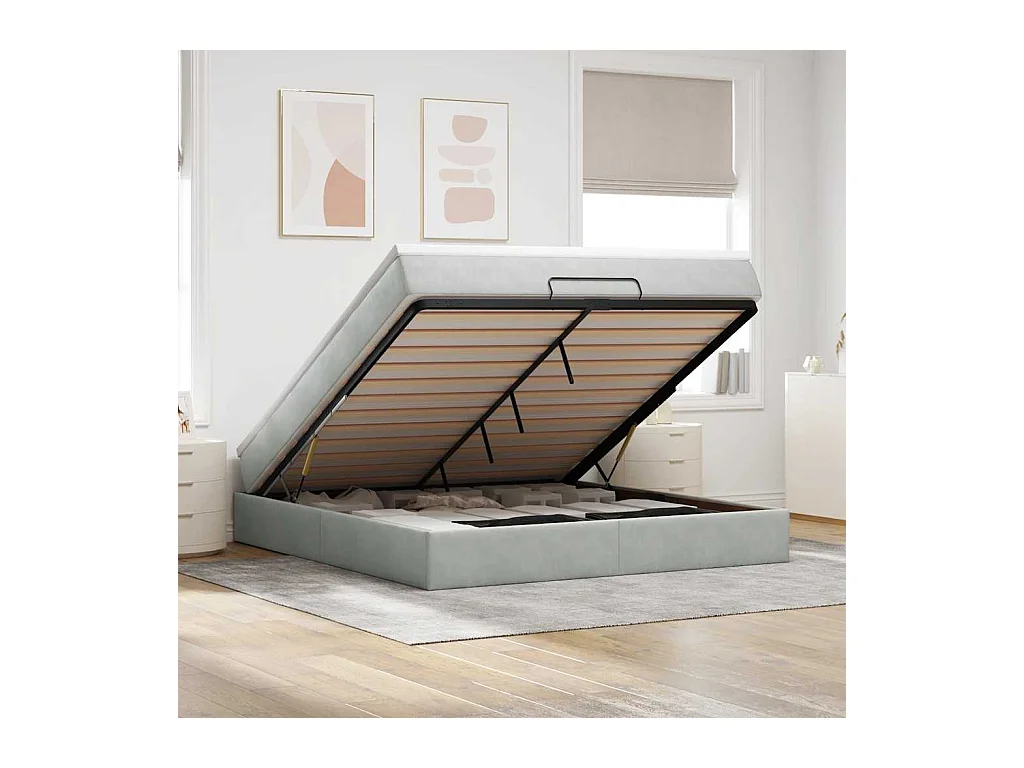 Cadre de lit ottoman avec matelas gris clair 160x200 cm velours