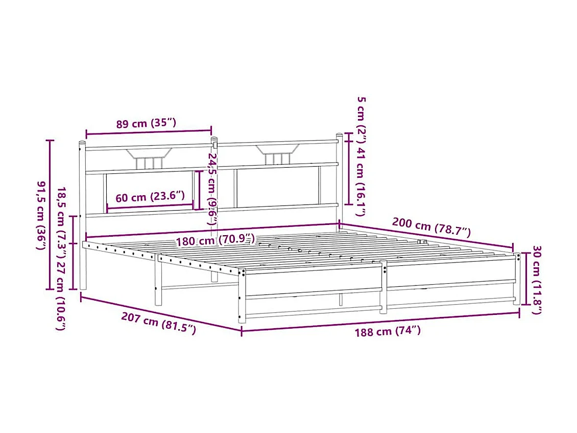 Metallbett ohne Matratze Räuchereiche 180x200 cm