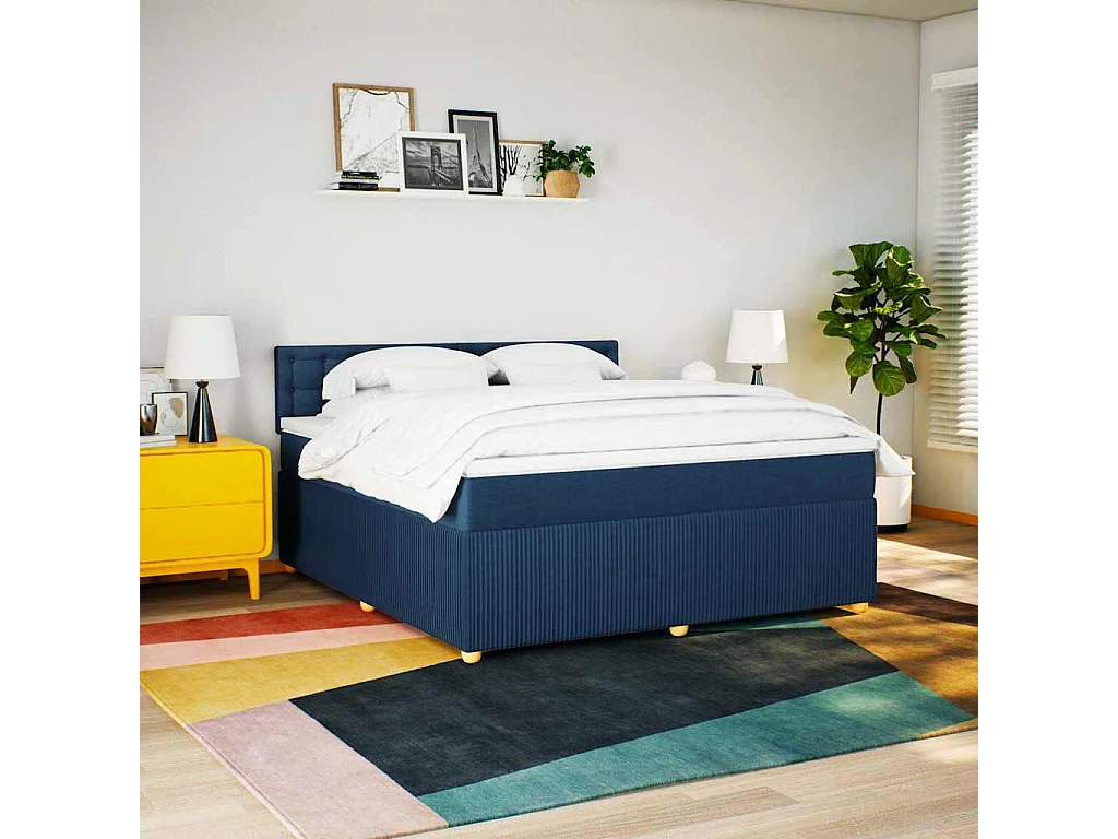 Cama box spring con colchón tela azul 180x200 cm