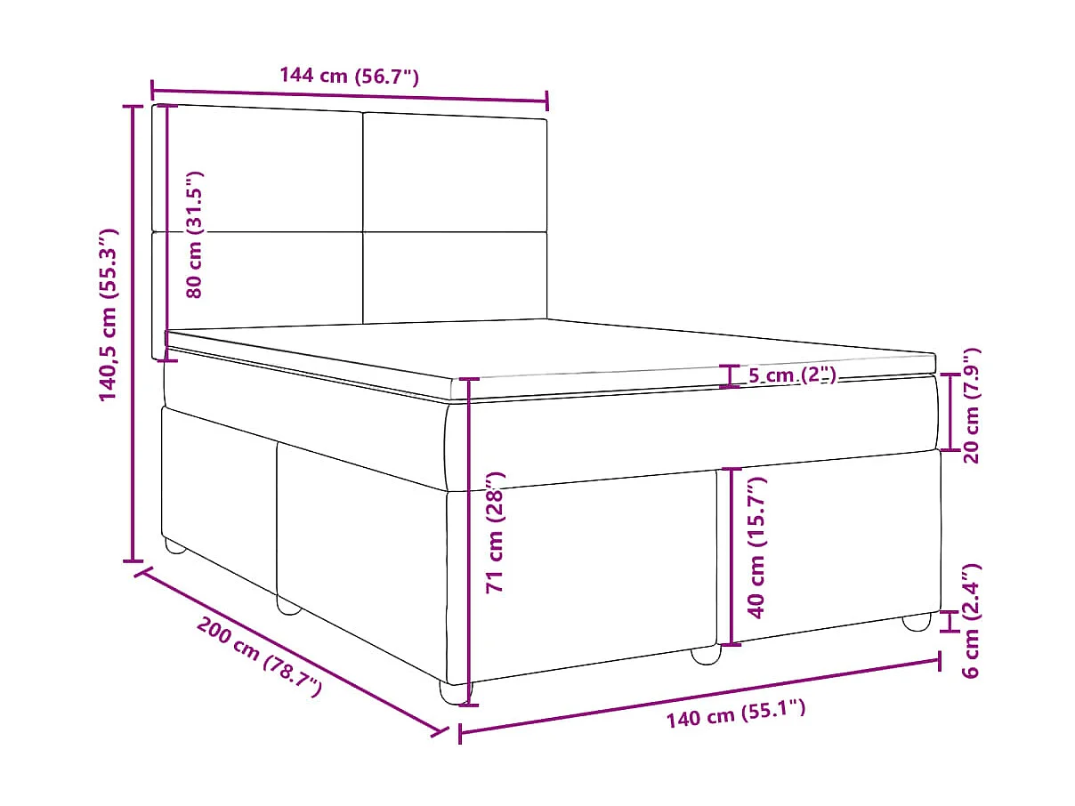 Cama box spring con colchón tela negro 140x200 cm