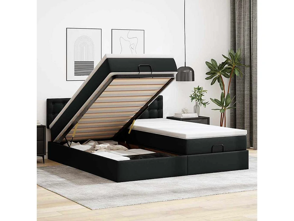 Struttura Letto Pouf con Materassi Nero 180x200 cm Similpelle