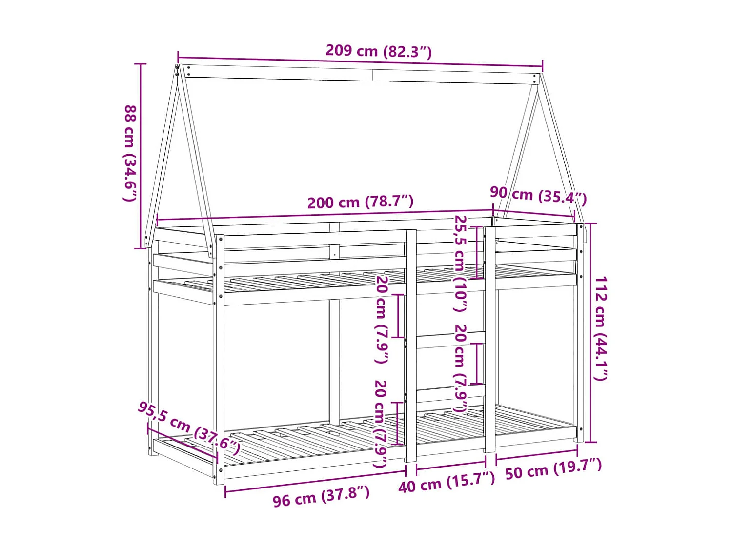 Lit superposé sans matelas 90x200 cm bois de pin massif