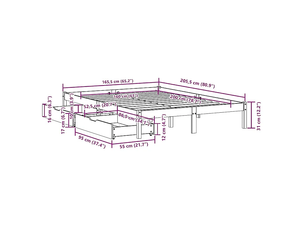 Bedframe zonder matras massief grenenhout wit 160x200 cm