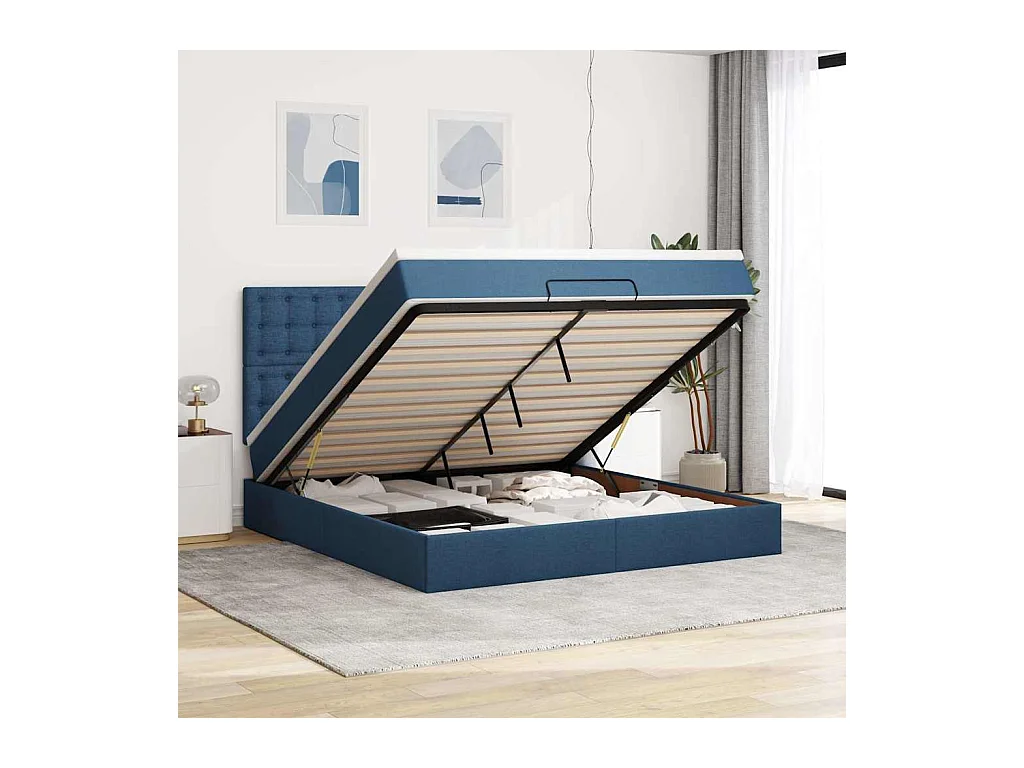 Cadre de lit ottoman avec matelas bleu 160x200 cm tissu