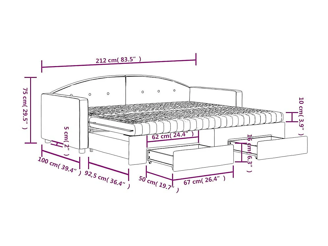Lit de jour avec gigogne et tiroirs gris foncé 90x190cm velours