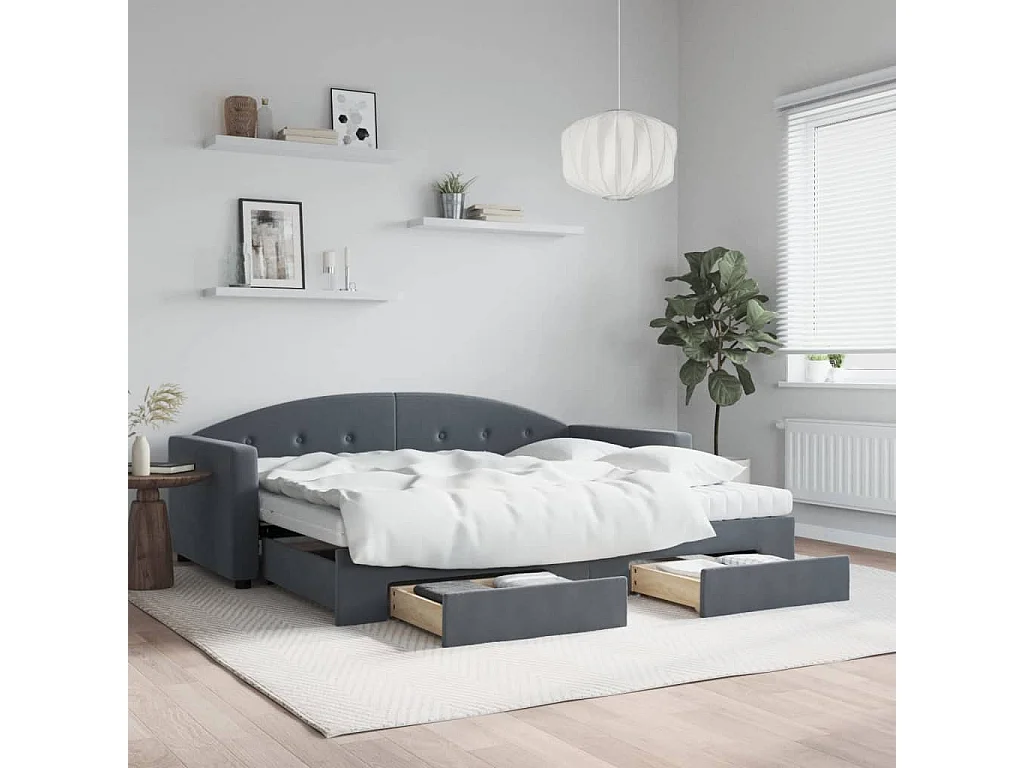 Divano Letto Estraibile Cassetti Grigio Scuro 90x190cm Velluto