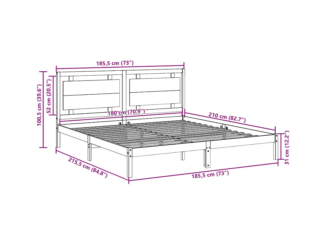 Bedframe extra lang zonder matras massief hout 180x210 cm