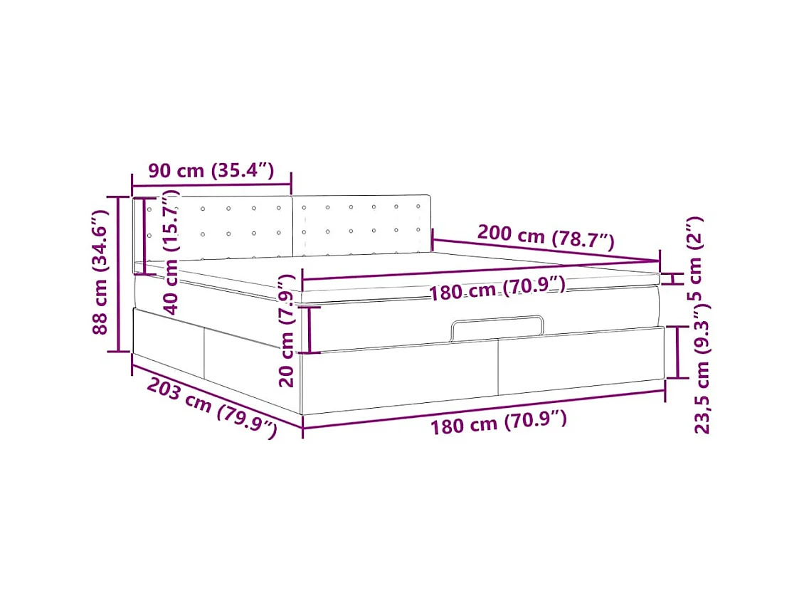 Lit ottoman avec matelas et LED Noir 180x200cm tissu