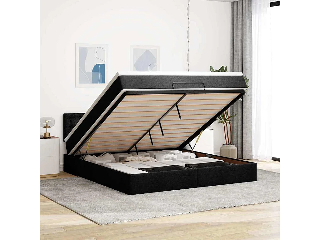 Cama Otomana com colchão & LEDs 180x200cm tecido preto