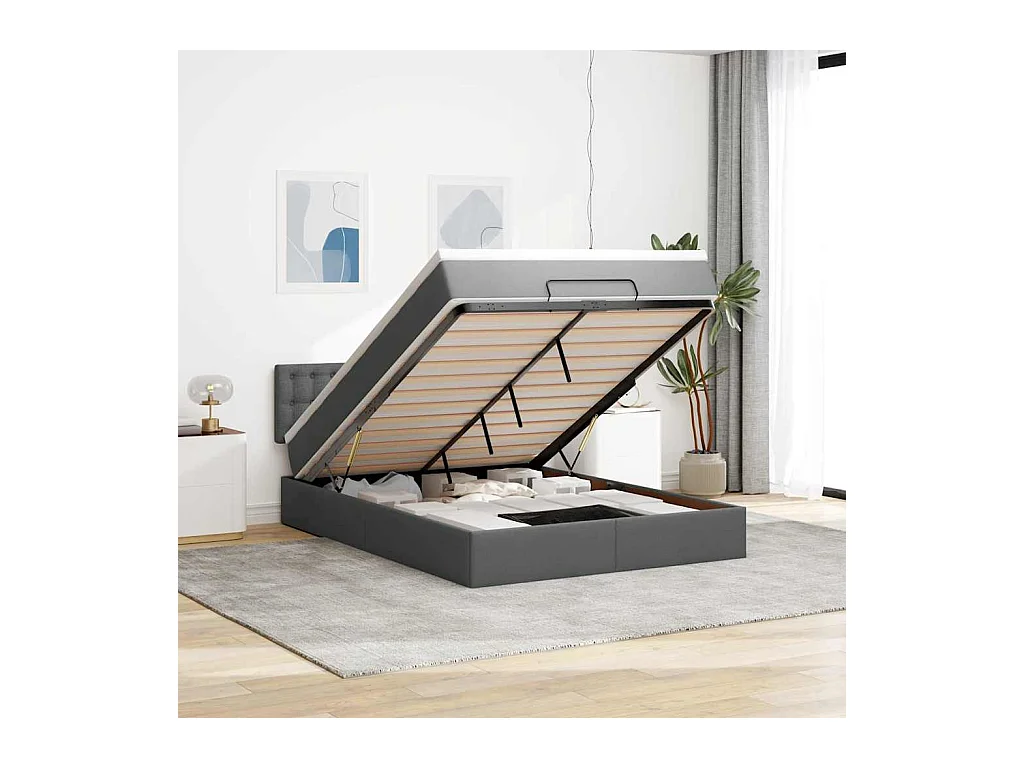 Lit ottoman avec matelas et LED gris foncé 140x190 cm tissu