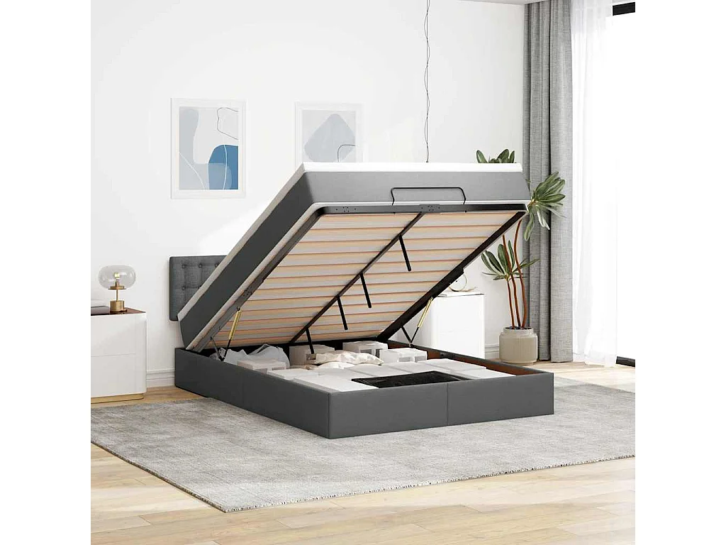 Cama otomana con colchón LED gris oscuro 140x190 cm tela